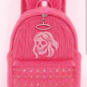 Pink Furry Backpack with Skull Design